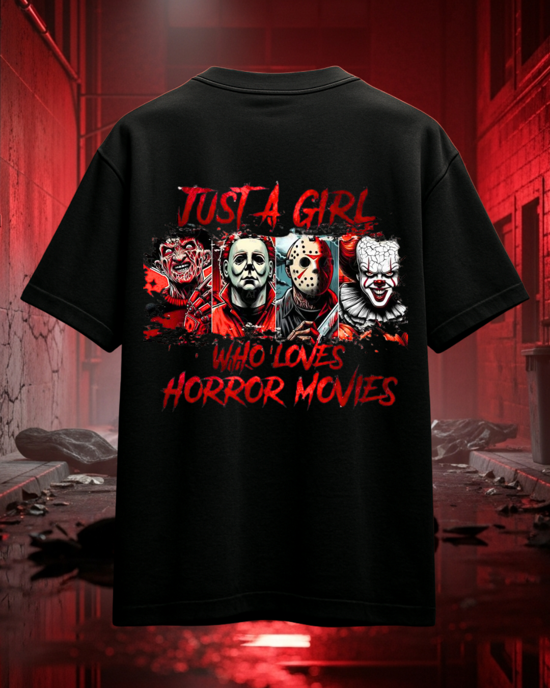 "Just A Girl Who Loves Horror Movies" Oversized T-Shirt | French Terry Cotton | Drop-Shoulder Fit