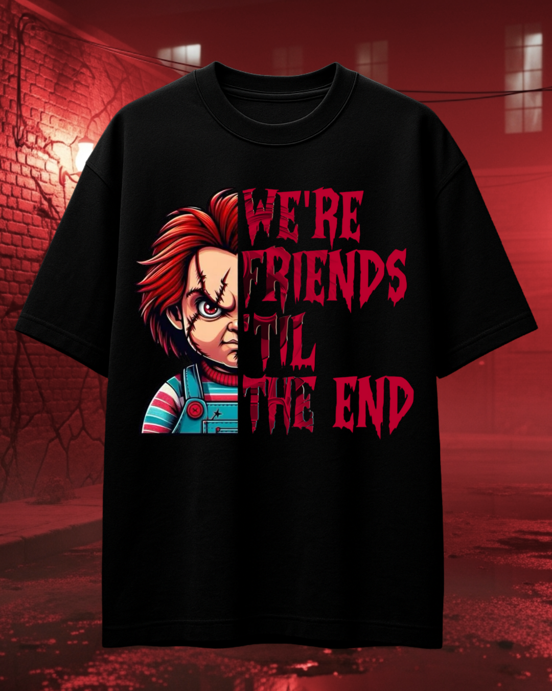 Chucky "We're Friends 'Til The End" Oversized T-Shirt | French Terry Cotton | Drop-Shoulder Fit