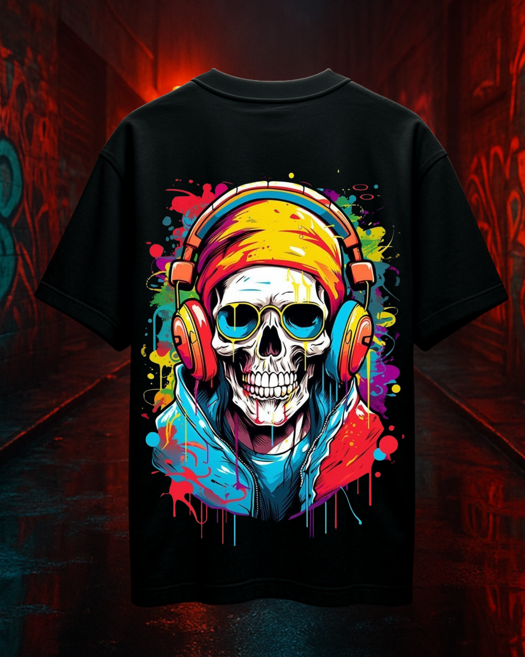 Graffiti Skull with Headphones Oversized T-Shirt | French Terry Cotton | Drop-Shoulder Fit