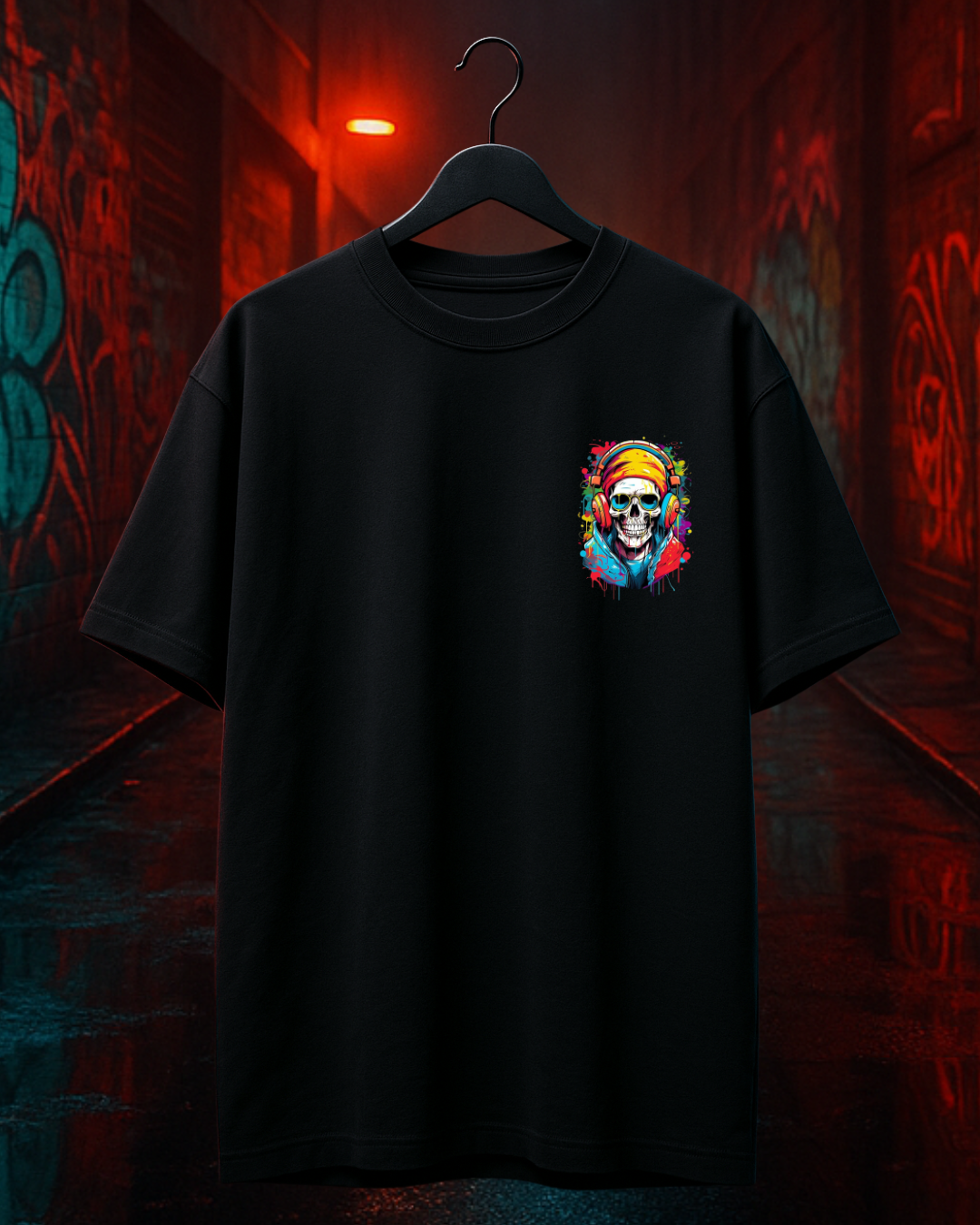 Graffiti Skull with Headphones Oversized T-Shirt | French Terry Cotton | Drop-Shoulder Fit