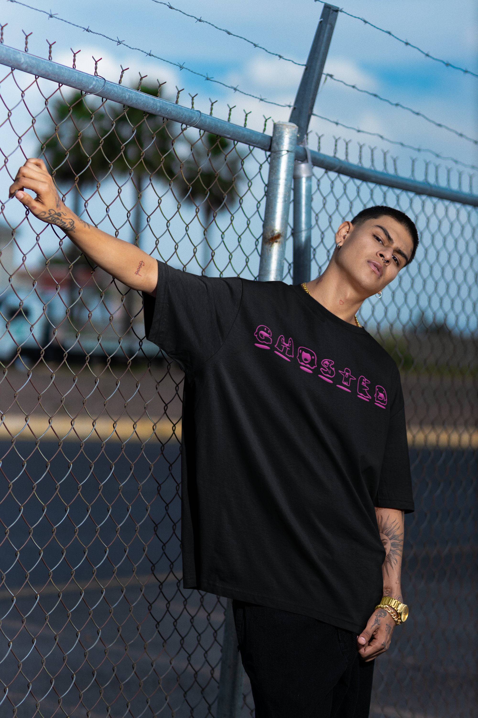 Ghosted Doodle Typography Oversized Graphic Printed T-Shirt