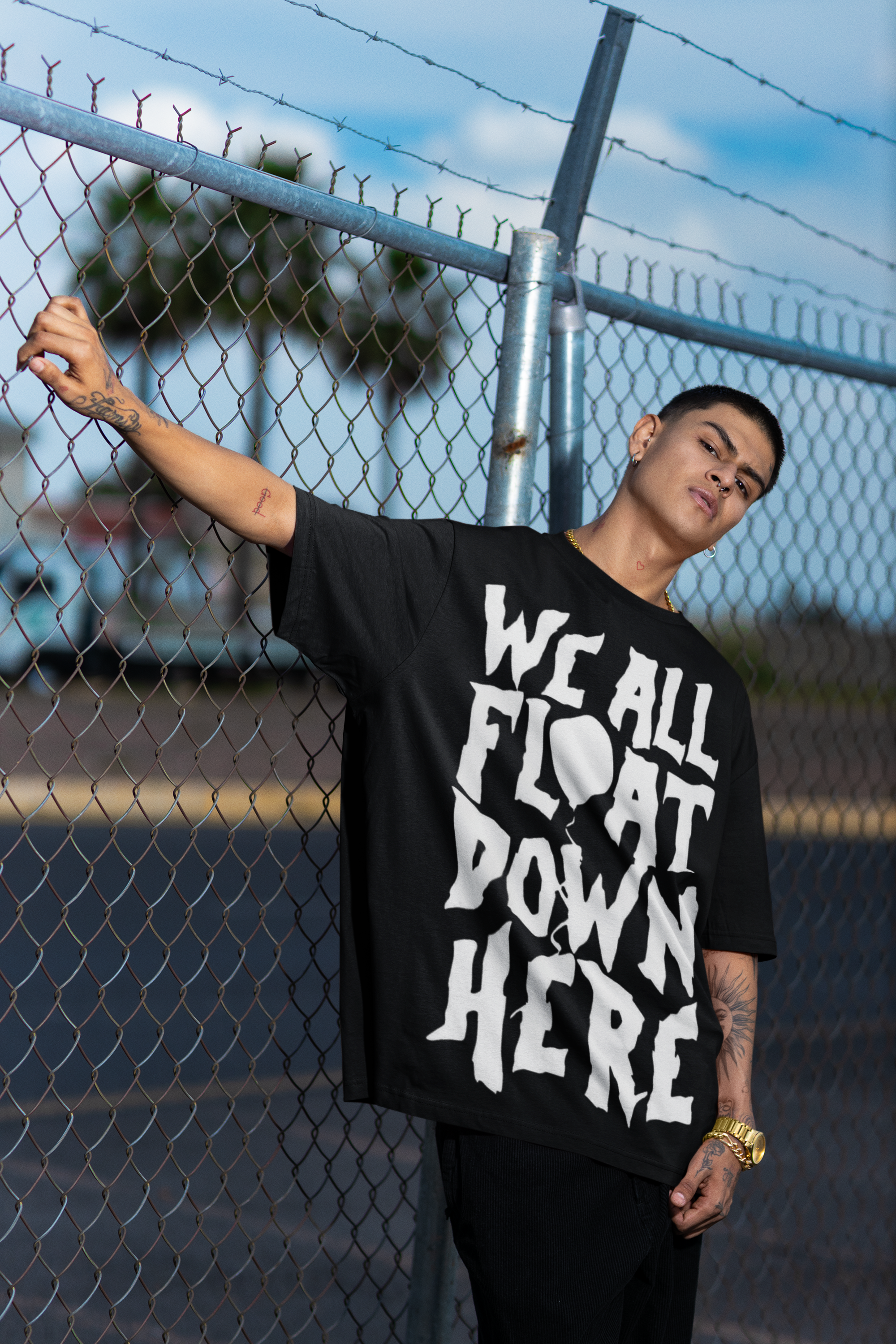 We All Float Down Here Horror Typography Oversized Graphic Printed T-Shirt