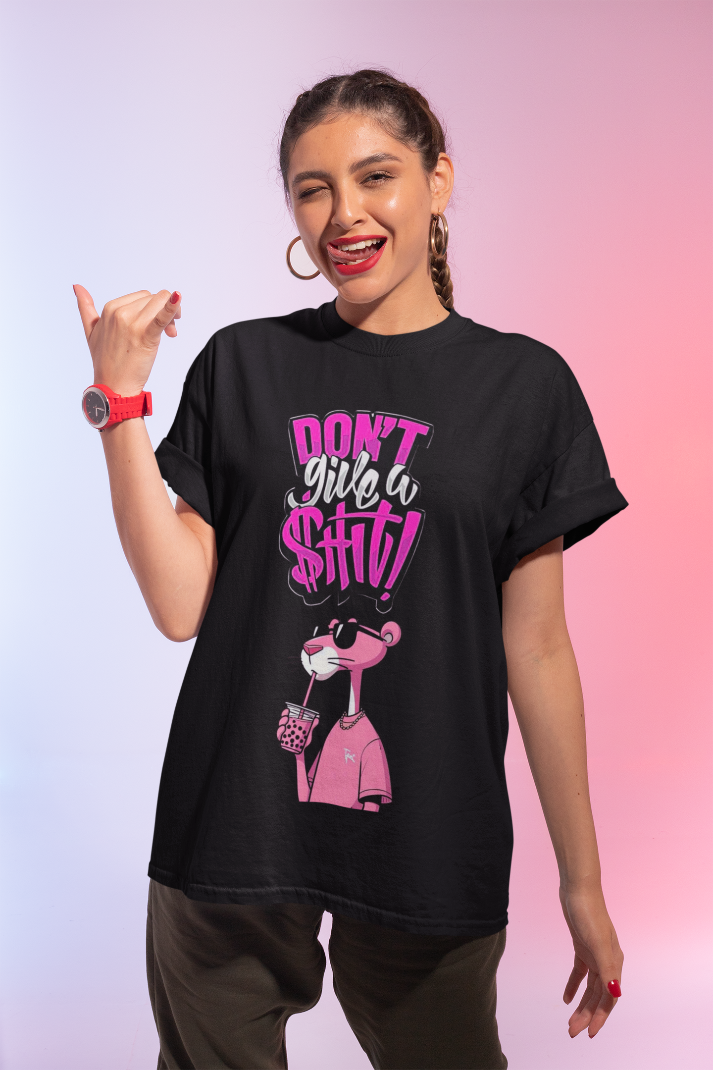 Pink Panther "Don't Give A $#!T" Graphic T-Shirt | Cotton Lycra Blend | Regular Fit